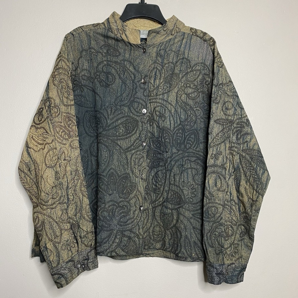 Chicos Jacket Womens Size 3 XL Cotton Embroidered Floral Button Up Shacket